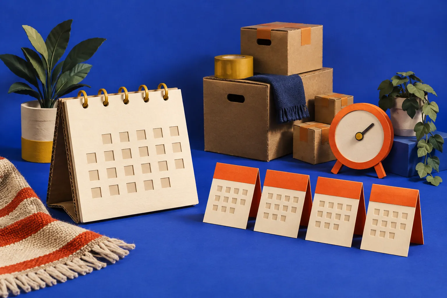 Original tactile paper calendar, weekly cards and moving boxes on a cobalt stage