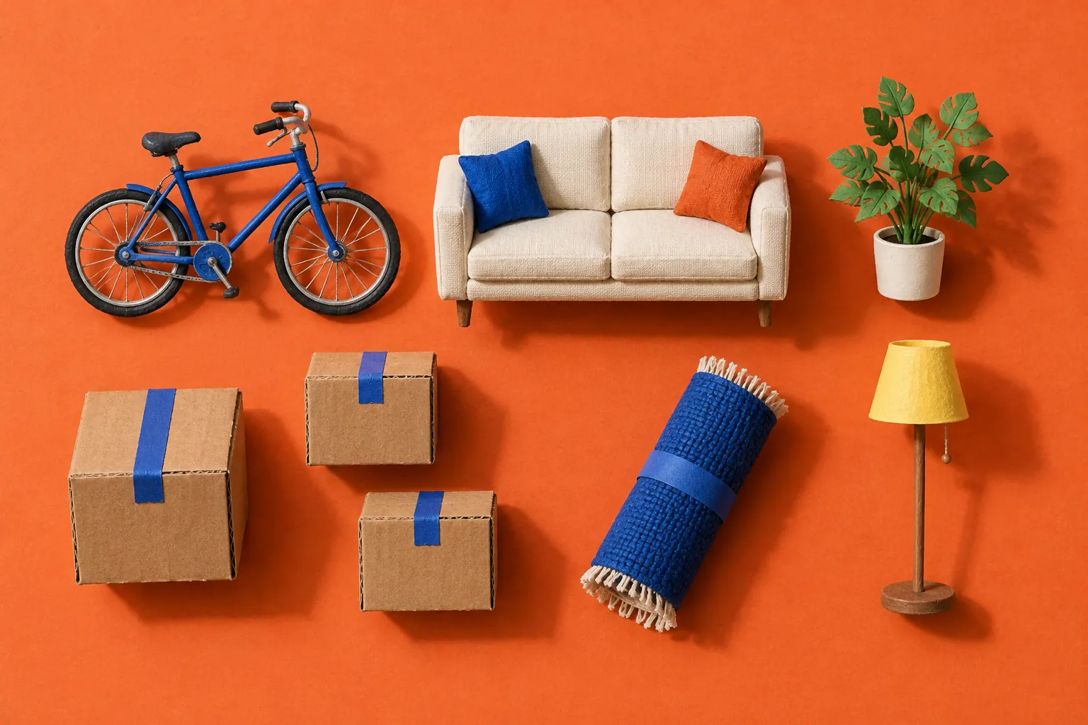 Original handmade miniature artwork of a sofa, bicycle, plant and moving boxes arranged by size